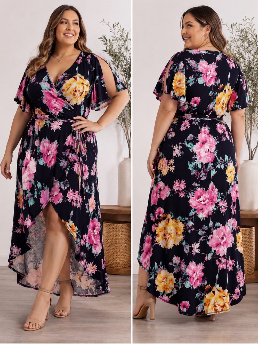Emerald Floral True Wrap Hi-Low Maxi Dress Size 1XL Split Sleeve Navy Pink NWOT